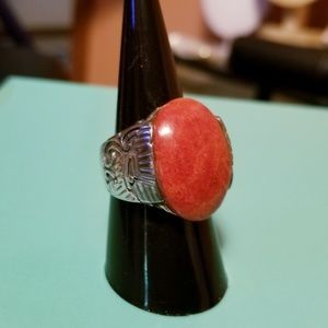VTG Signed Red Sponge Coral Sterling Silver Ring